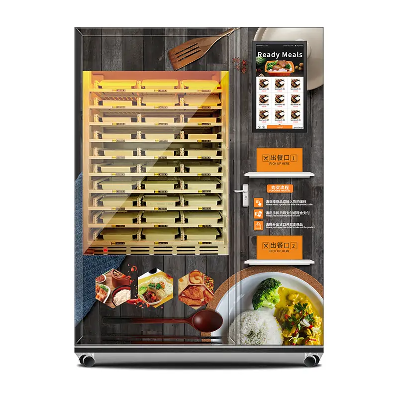 Haloo 24-hour self-service fast food lunch box vending machine with dual microwave heating function XY axis elevator defogging panoramic glass 1