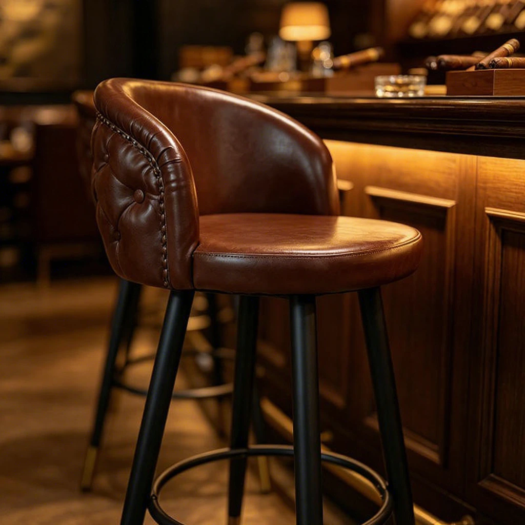 Luxury Brown Leather Bar Stool with Black Metal Legs and Gold Tips 1