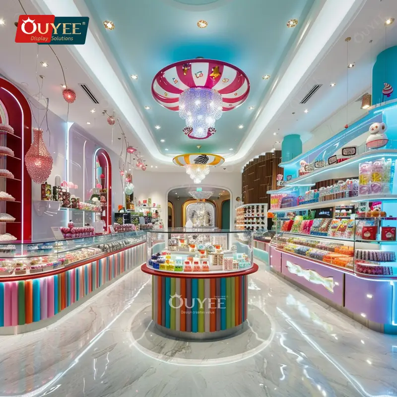 Balcão expositor de vidro e suporte de parede personalizados para loja de chocolates 1