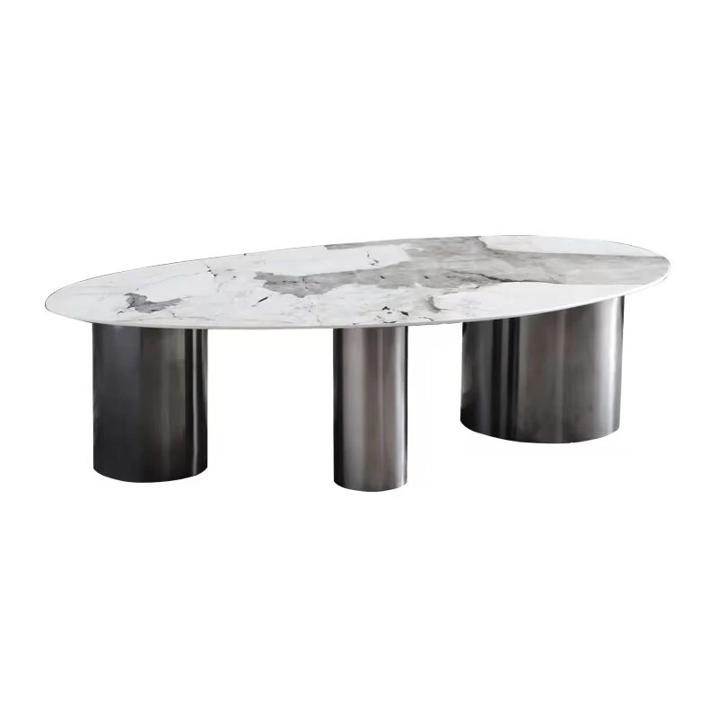 Customizable Modern Designer Oval Side Table Stainless Steel Leg Sintered Pandora Rock Slab Dining Table Custom Colors Metal 1