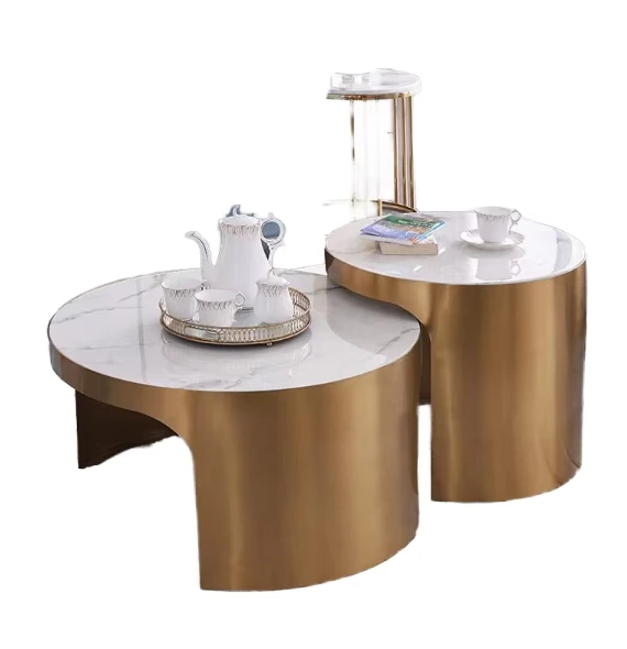 Ensemble table basse moderne en acier inoxydable effet pierre, mobilier sur mesure pour salon, table d'appoint, métal durable. 1