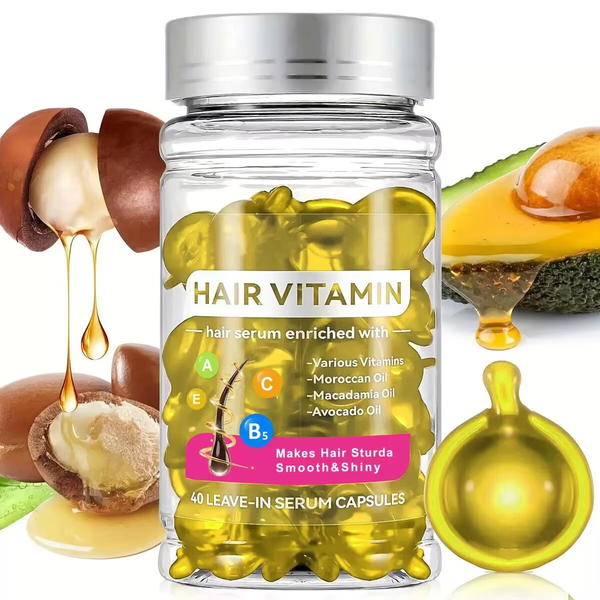 Cápsula de soro de colágeno natural de queratina marroquina, cabelos cacheados saudáveis, maciez sedosa, oliva essencial, vitamina gengibre, aminoácido 6