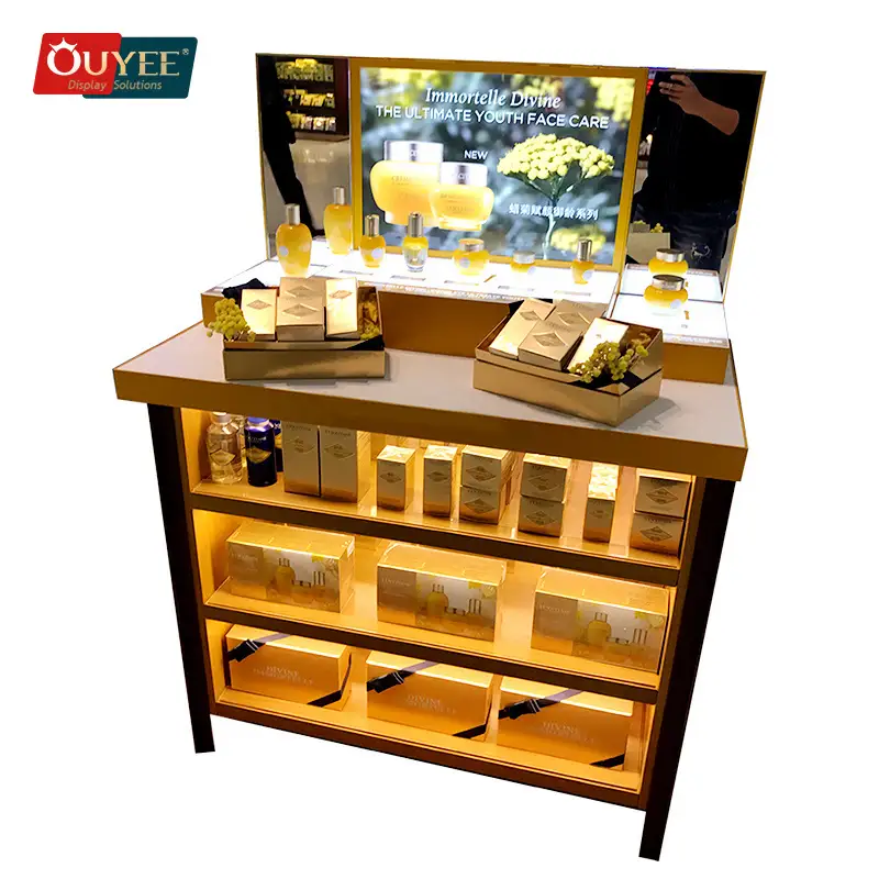 رف عرض عطور خشبي دوار للعطور ومستحضرات التجميل 1