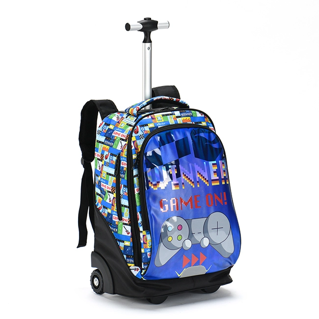 Large Capacity Kids Trolley Bags With Blue Plaid Game Printed School 2 Small Wheels Bag Outdoor Travel Student Backpack 1