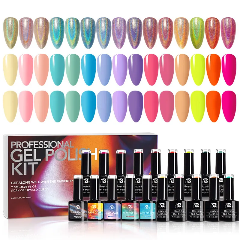 Holographic UV Gel Nail Polish Set with Base, Top Coat & Color Chart - Private Label 1