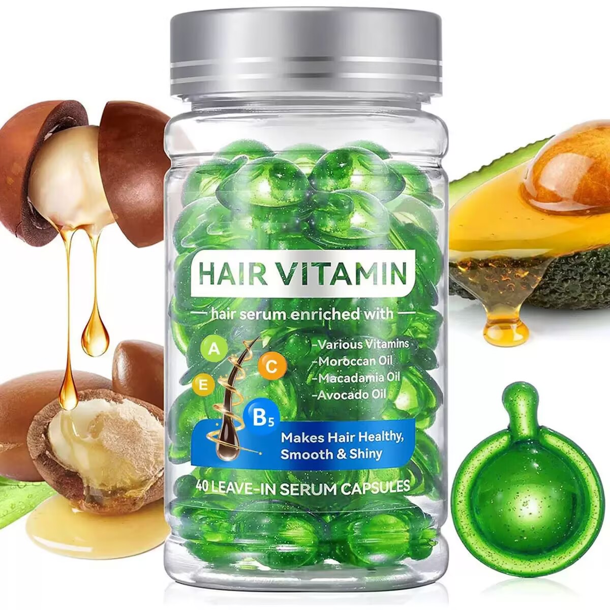 Cápsula de soro de colágeno natural de queratina marroquina, cabelos cacheados saudáveis, maciez sedosa, oliva essencial, vitamina gengibre, aminoácido 4