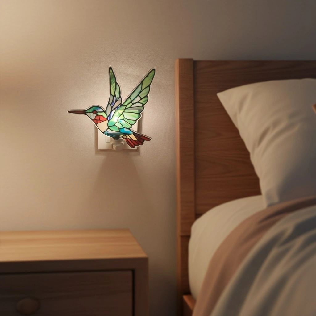Plug-in Iron Hummingbird GL-TY04 Glass Night Light Warm White Bedside Lamp 1