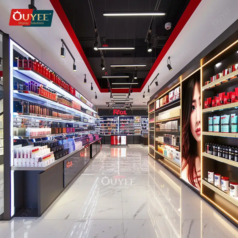 Wanddisplay für Schönheitssalons: Perückenkopf, Kosmetikartikel &amp; LED-Parfümständer 1