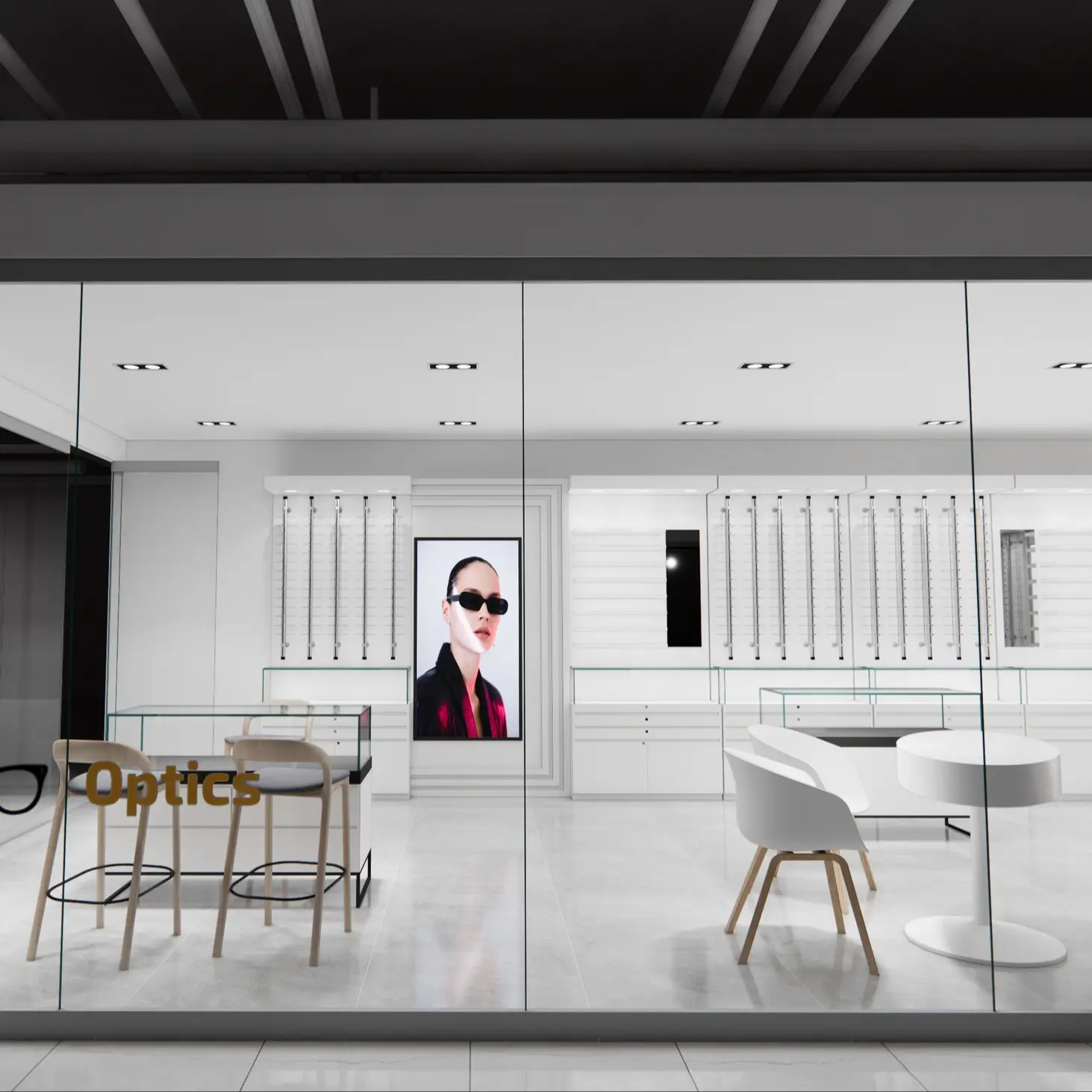 Prateleira e expositor de madeira para óculos, montados na parede, para óticas. 1