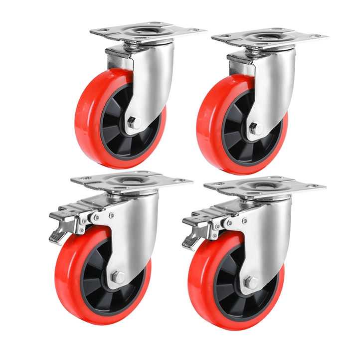 3/4/5/6 Inch Premium Polyurethane Swivel Plate Locking Casters Wheels Red Pu Anti-wear Smooth Trolley Casters With Brake1 1