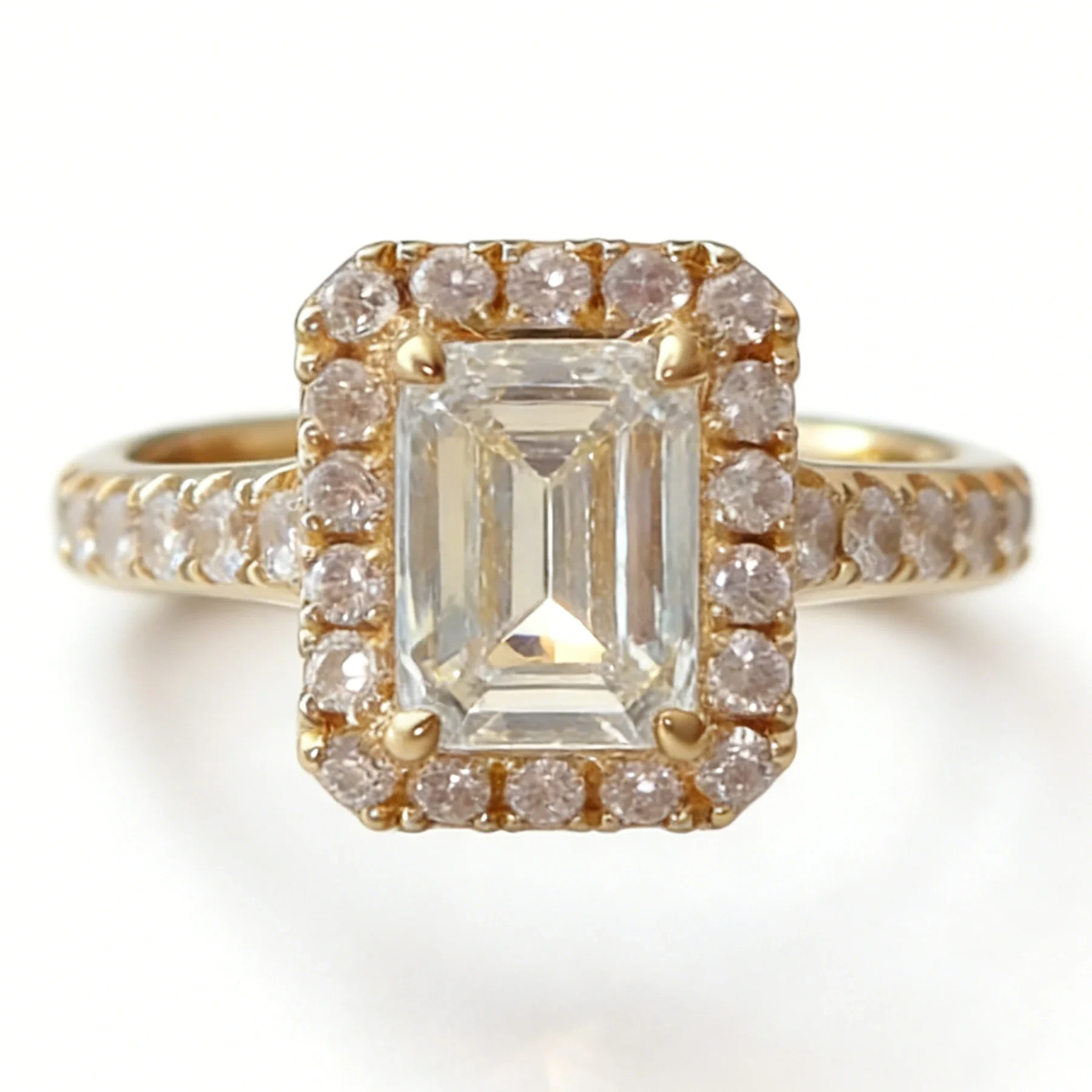 18k White Gold Emerald Cut White Lab Grown Diamond Halo Ring Pave Setting Engagement Band For Women 1