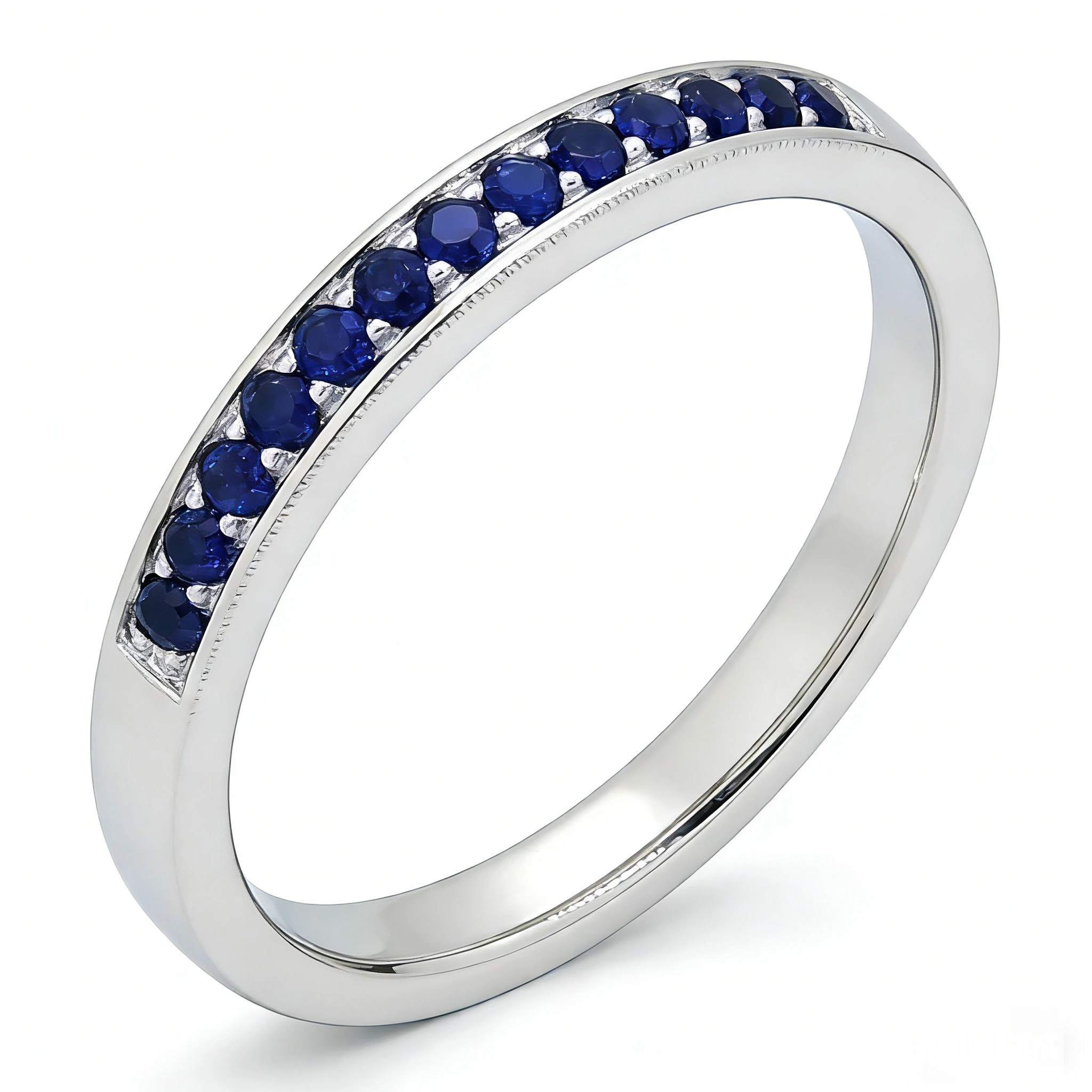 14k White Gold Blue Sapphire Half Eternity Ring Minimalist Stackable Wedding Band For Women 1
