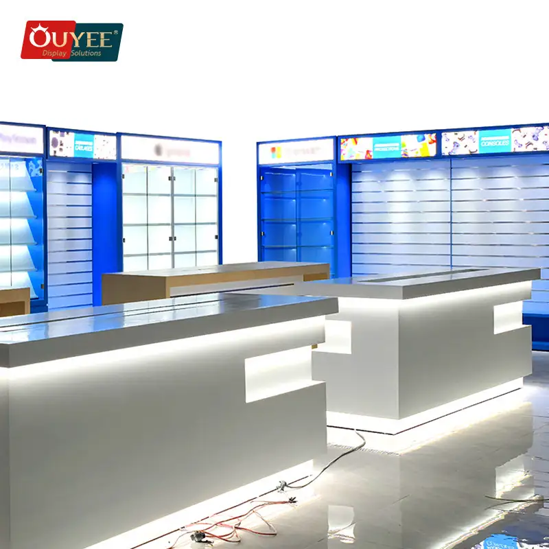 عرض ثلاثي الأبعاد لمتجر هواتف محمولة، جدار زجاجي، واجهة عرض إكسسوارات 1