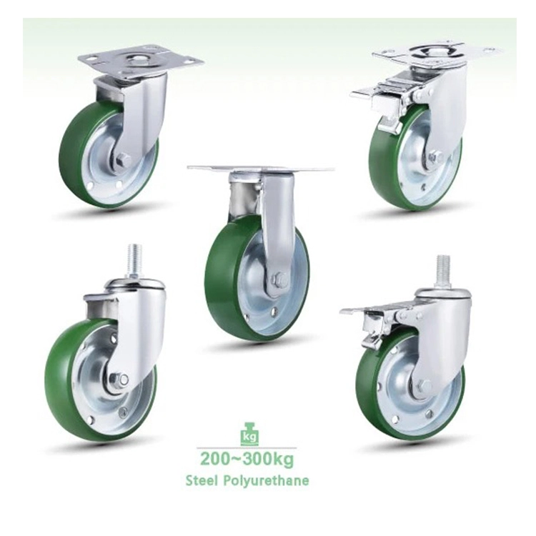 4 5 6 Inch Steel Rim Cast Pu Medium Duty Caster Wheel Swivel Thread Brakes Trolley Cart Caster Wheels 1