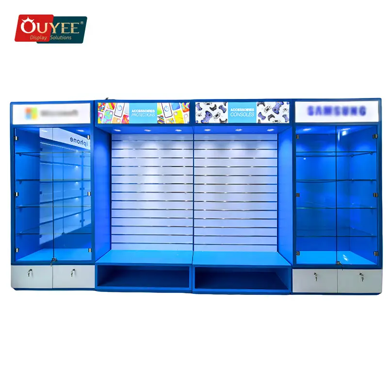 Vetrina a parete in vetro per accessori per telefoni cellulari. 1