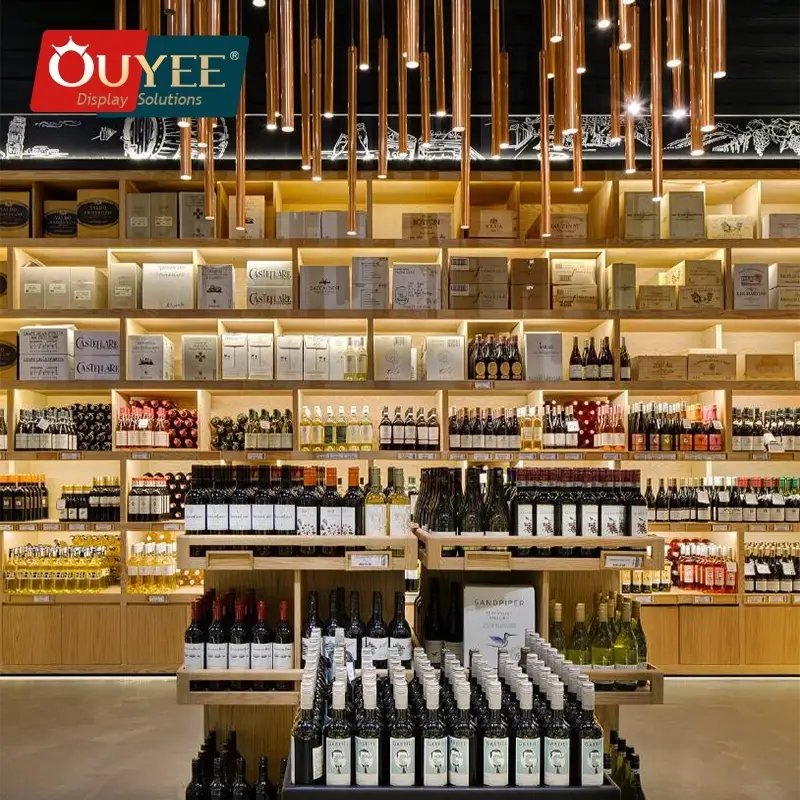 خزانة رفوف نبيذ خشبية دوارة لمحلات بيع المشروبات الكحولية والسوبر ماركت 1