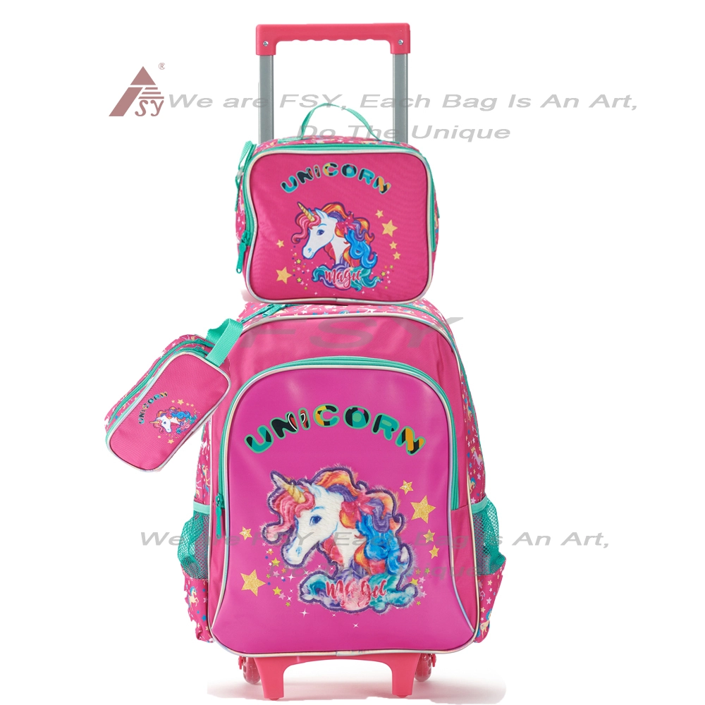 Wholesale Custom New Kids Wheels School Bags Backpack 3 Pieces manufacture In 1 Set Student Children Girls Unicorn Trolley Bag For Travel 1