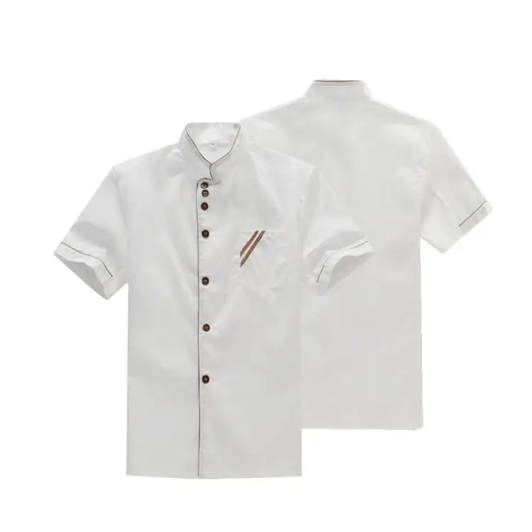Uniforme personalizado profissional de chef de cozinha, com mangas curtas e fechamento frontal por botões, para hotel ou restaurante. 1