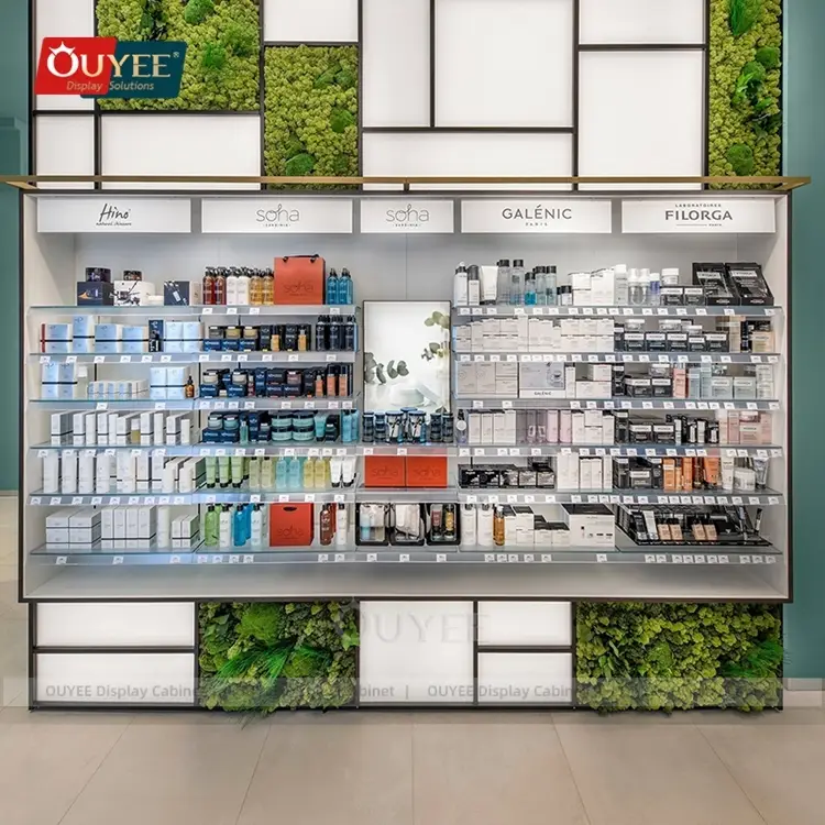 أرفف زجاجية للصيدلية ووحدة عرض خشبية بإطار من الحديد/الفولاذ المقاوم للصدأ 1