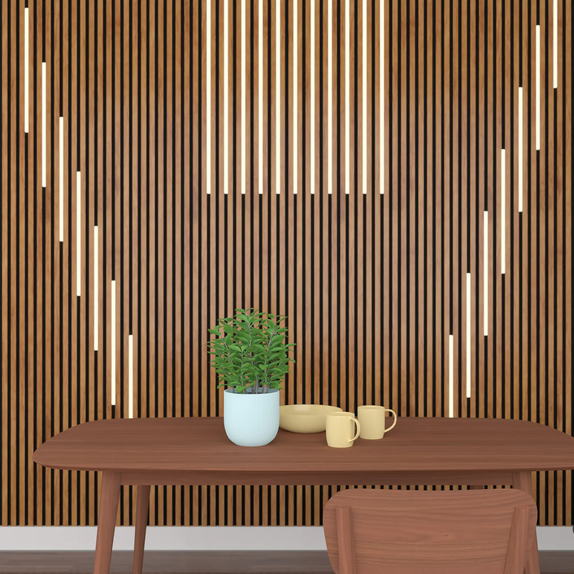 Painéal Balla Slatáilte Adhmaid LED Fuaimiúil Painéal Soilsithe Maisiúil MDF PVC 1