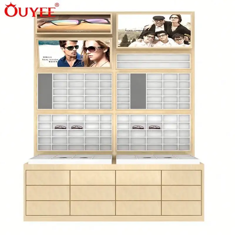 Vitrine optique en bois pour lunettes de vue et de soleil, étagères en verre 1