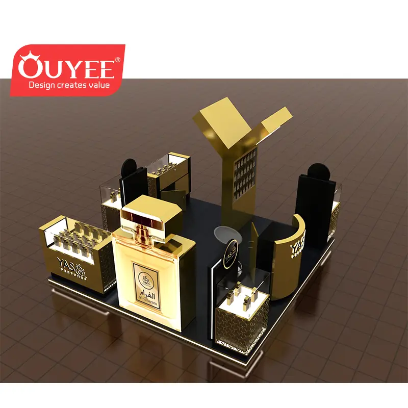 Quiosque com balcão de cosméticos e vitrine de perfumes em shopping center 1