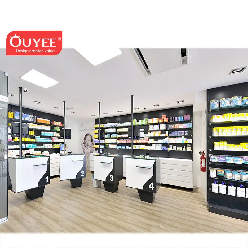 Prateleiras de madeira para farmácia, ideais para o interior de drogarias. 1