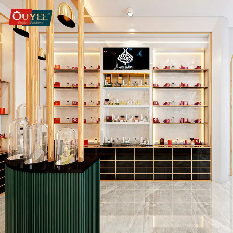 Vitrine personalizada para perfumes - Suporte de parede em aço inoxidável dourado 1