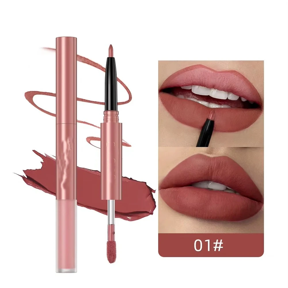 Mlm High Quality Waterproof Long Lasting Rich Pigmented Duo-head Velvet Silky Matte 2 In 1 Lipgloss & Lip Liner 1