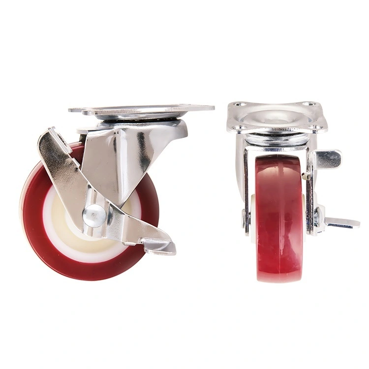 High Quality Red 2 3 Inch Swivel Wheels Lihgt Duty Pu Top Plate Caster With Total Brake 1