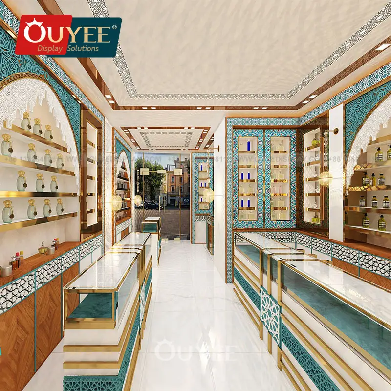 رف عرض عطور عربي خشبي مثبت على الحائط، ورف عرض زجاجي، ورف عرض للمتاجر. 1