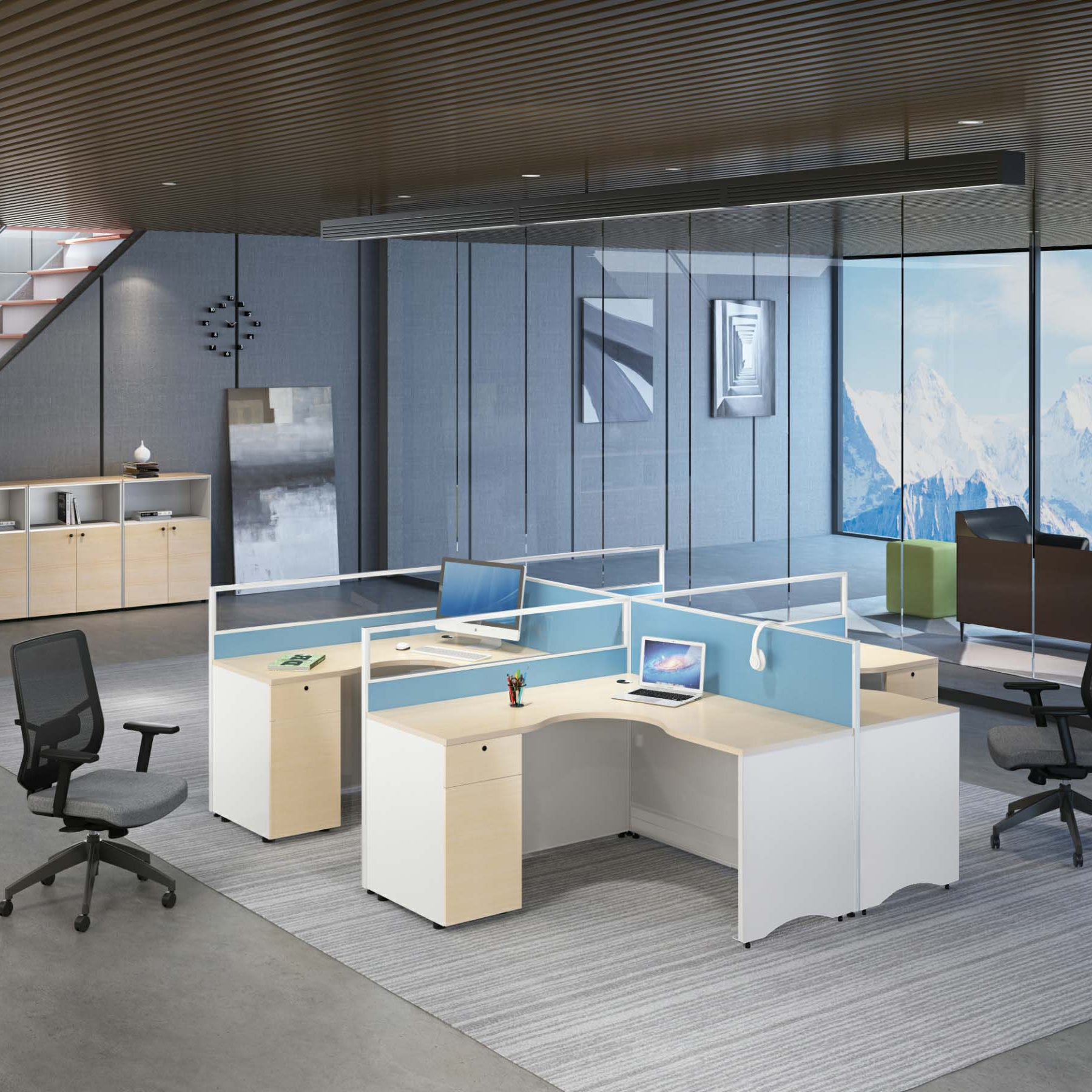 Postazione di lavoro modulare moderna in legno, cubicolo da 2/4 posti per ufficio domestico o soggiorno, design popolare 1