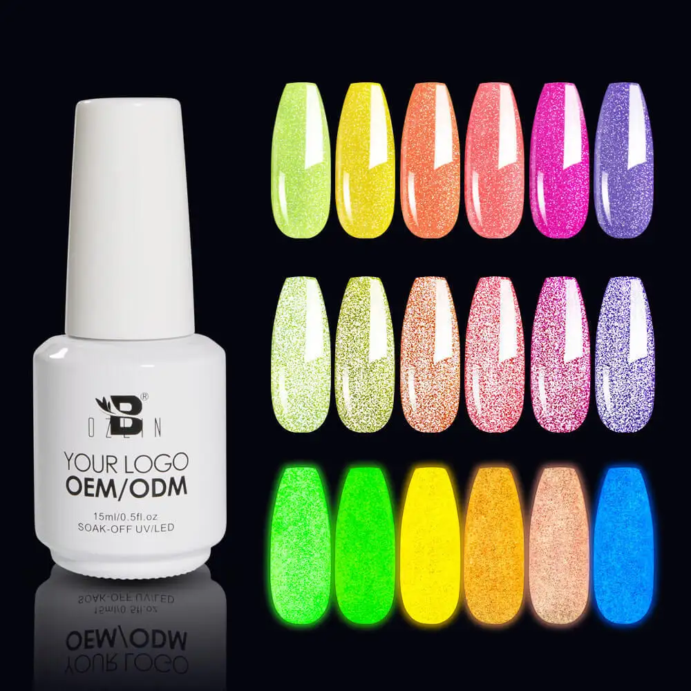 Bozlin HEMA Free 15ml Neon Glitter Glow in Dark Reflective Nail Polish 1