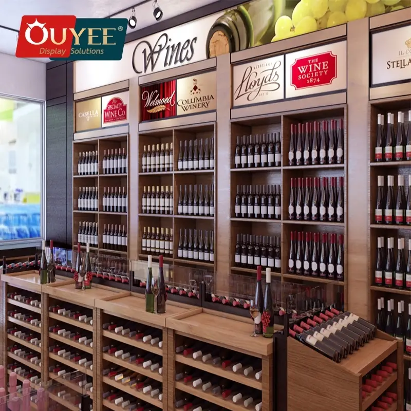 Expositor de vinhos personalizado em madeira e plástico para lojas de vinhos e bebidas alcoólicas. 1