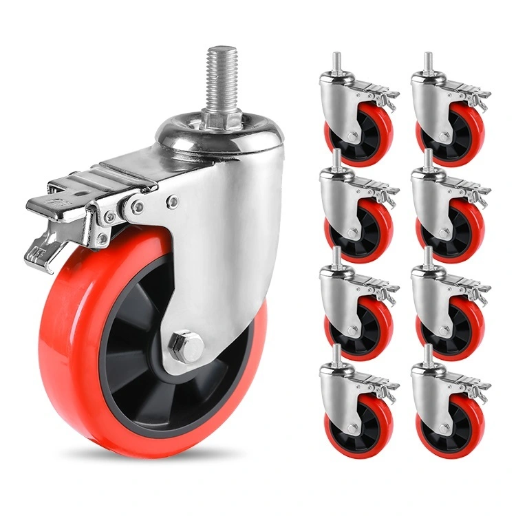 4inch Red Pu Caster Wheel 38mm Tread Width Wear Resistance Shock Absorbing Plate Mount Industrial Castors 1