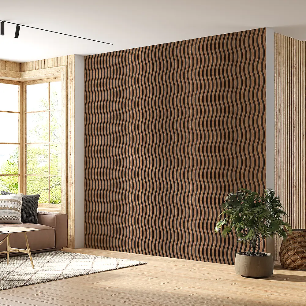 3D Wave Adhesive Wood Slat Wall Panels Wide Strip 12mm MDF Acoustic Panel 1