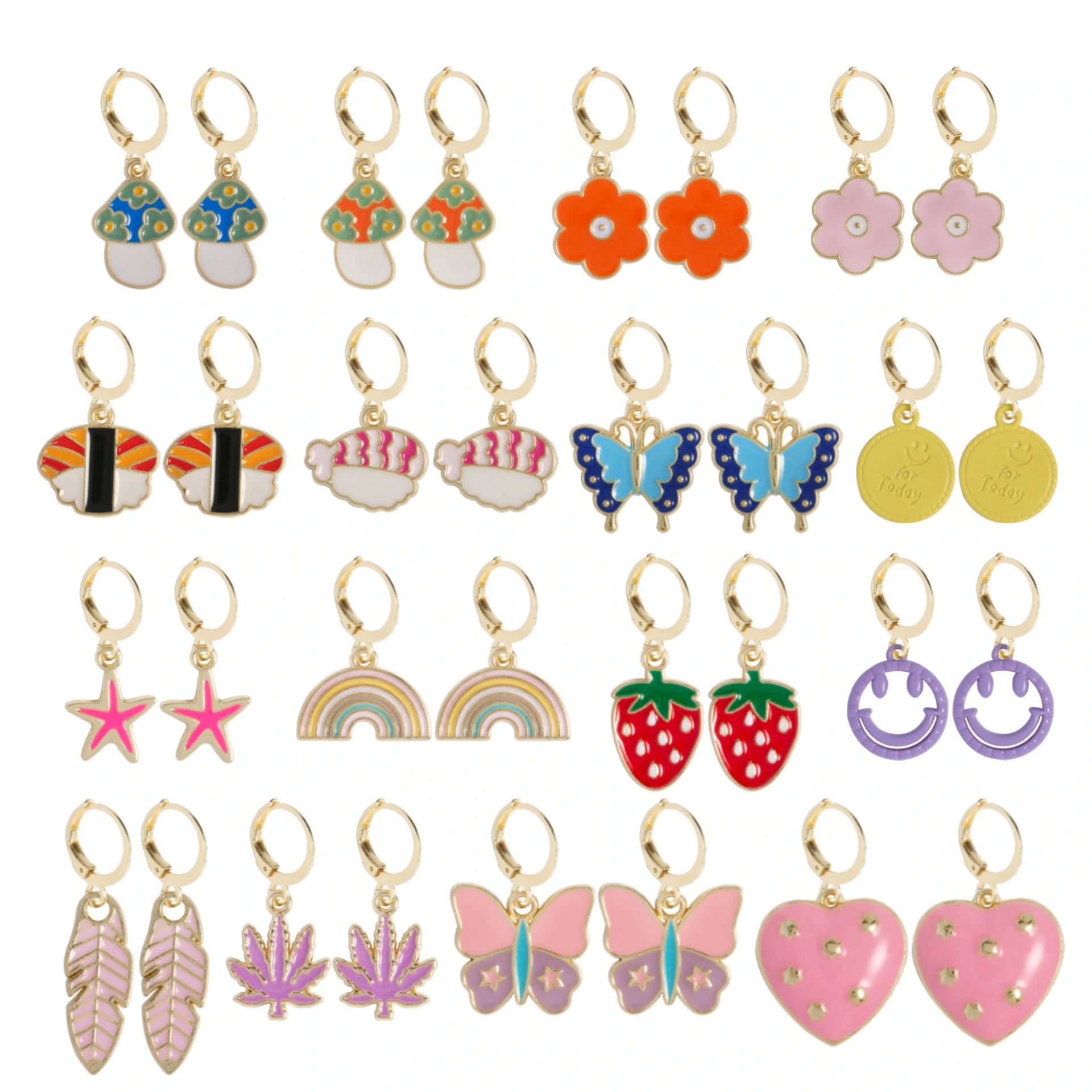 Manufacturers Wholesale Personality Cute Butterfly Cartoon Sushi Smile Mushroom Fish Maple Leaf Icon Alloy Earrings 1