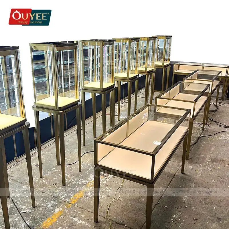 Mesa de exposição de joias personalizada em madeira e vitrine de vidro 1