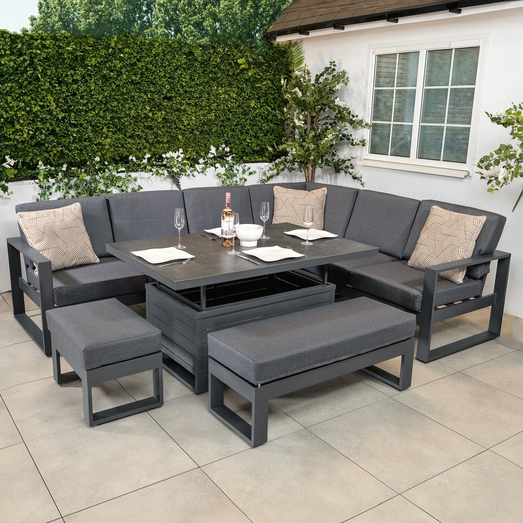 Quick Assembly Patio Furniture Outdoor L-shape Sofa Set Balcony Lounge Sofa With Ottoman Garden Corner Sofa With Fire Pit Table 1