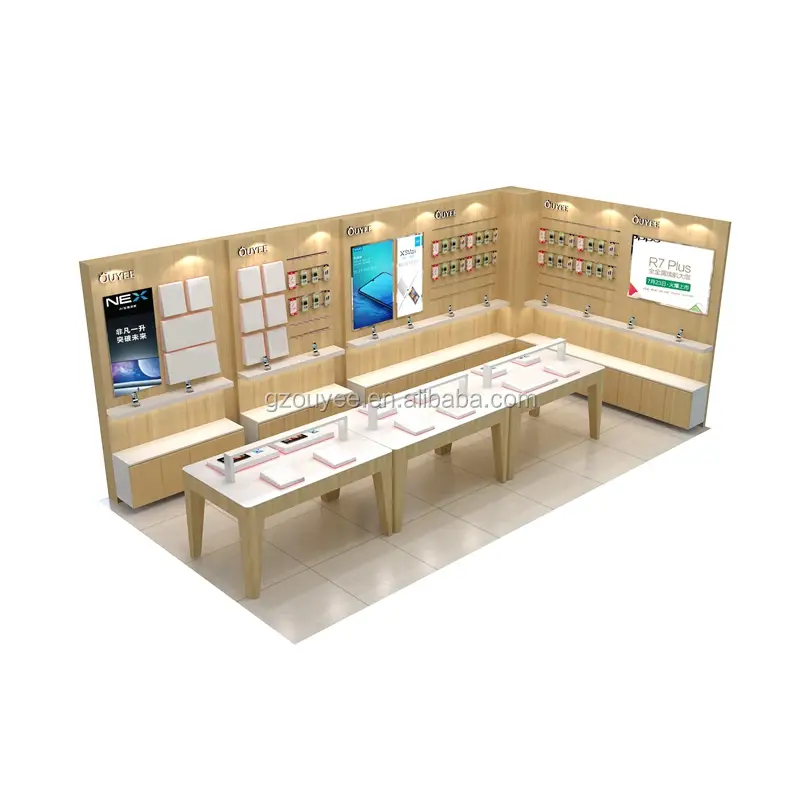 Présentoir et comptoir en bois pour accessoires de téléphonie mobile, destiné aux boutiques de téléphonie. 1