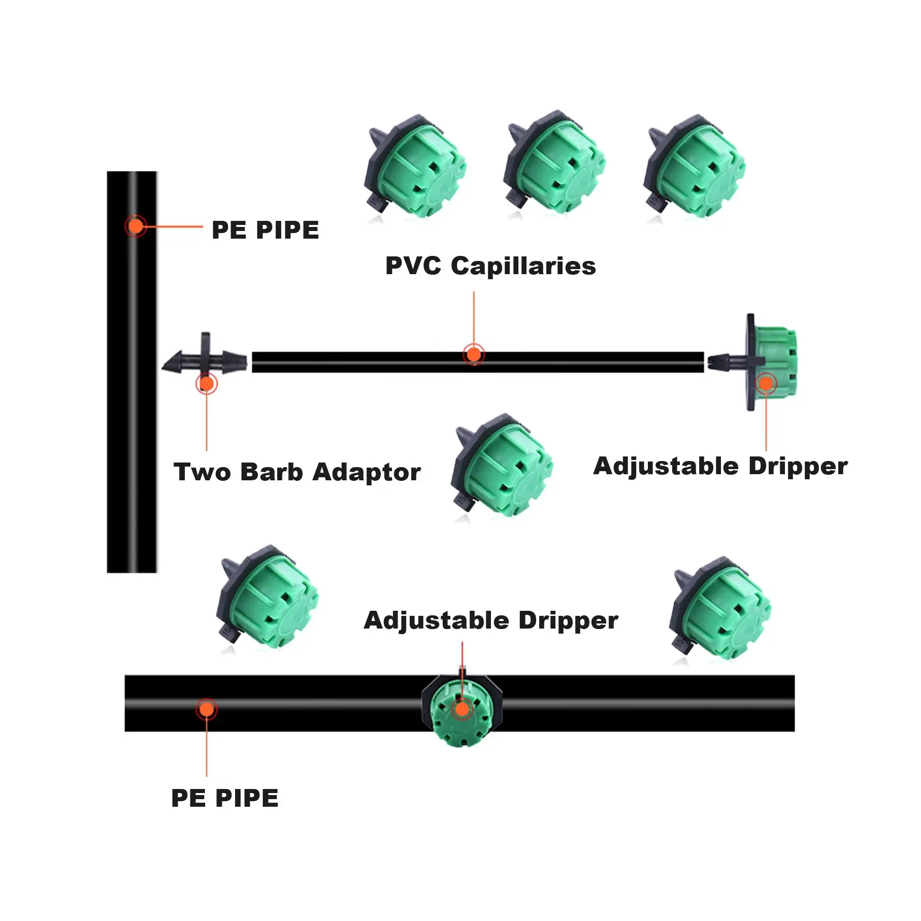 HYRT 8孔可调滴灌器，流量0-100升/小时，1/4英寸倒钩接头，4/7毫米 1