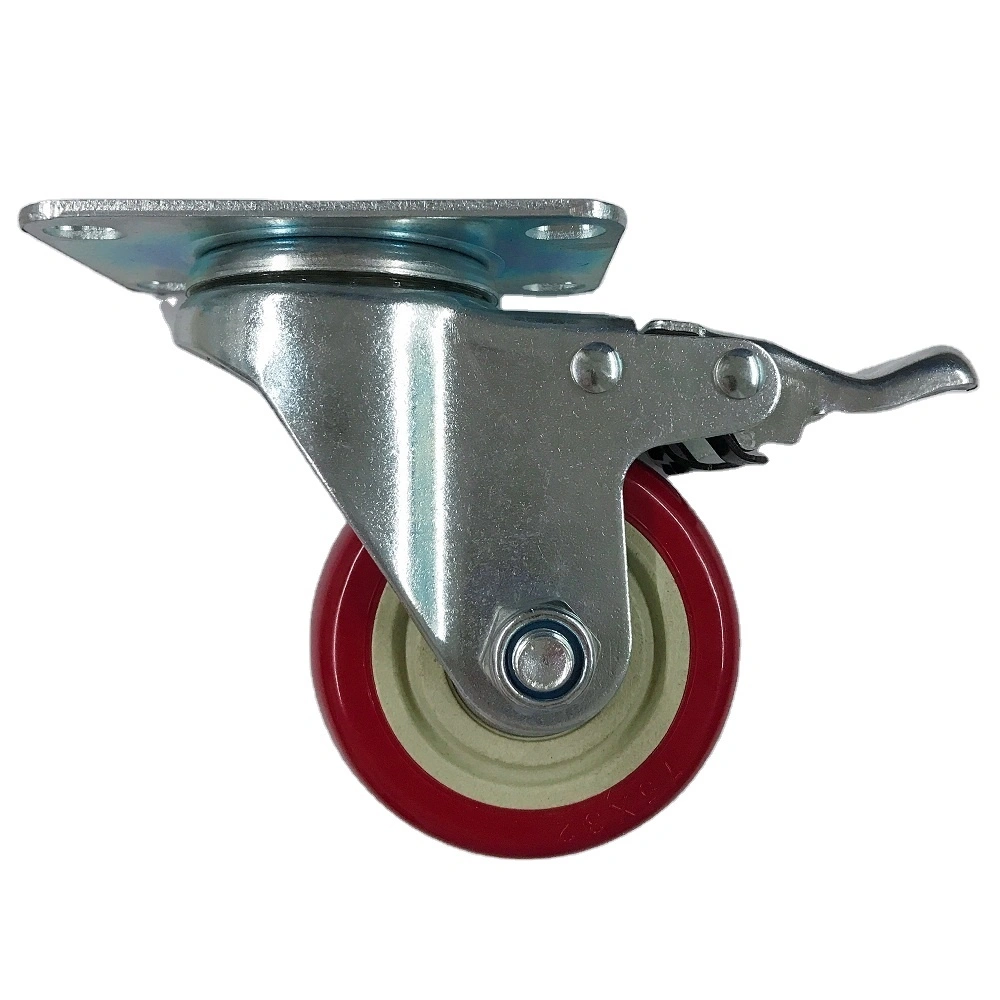 Industrial Double Brake 100mm Red Pvc Single Ball Bearing Casters Castors Wheel With Top Plate Zinc Plated Oem 1