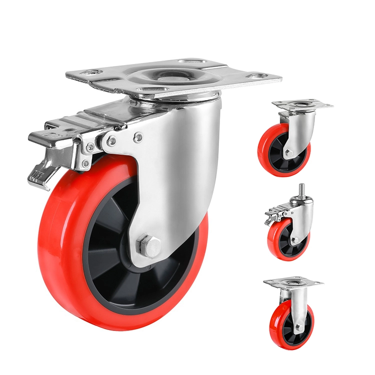 Industrial Double Ball Bearings Caster Wheels 3/4/5/6 Inch Red Polyurethane Swivel Caster With Brake 1