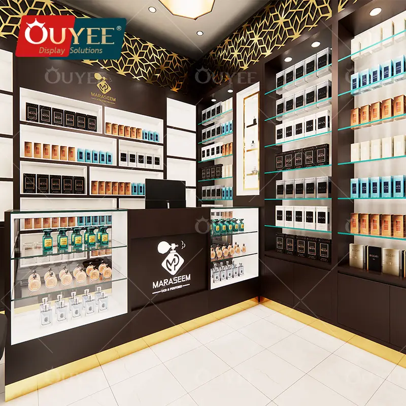 خزانة عرض ورفوف خشبية مصممة خصيصًا لتجهيز متجر عطور 1