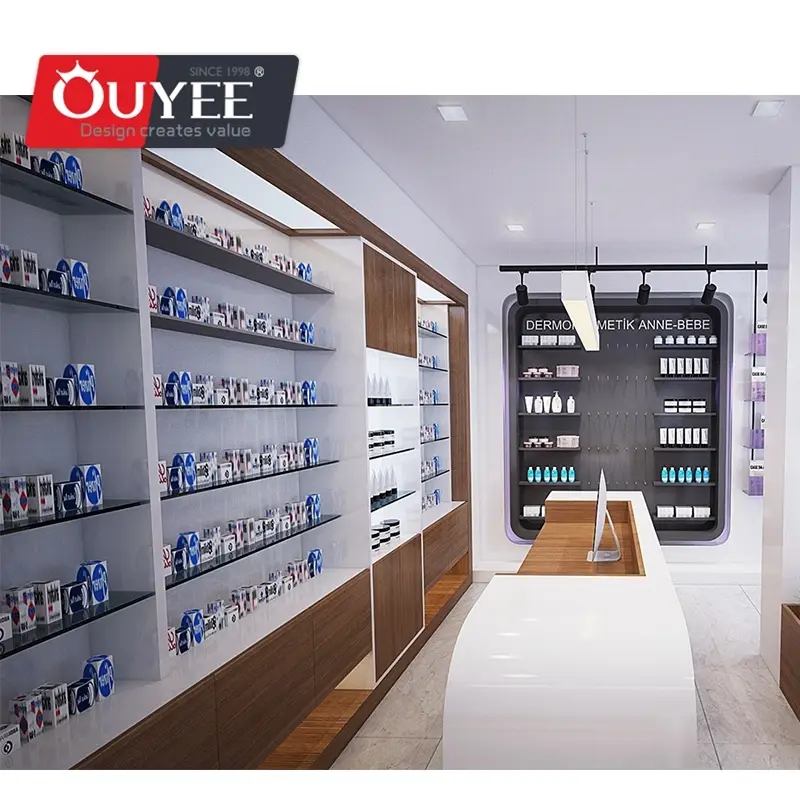 Vetrina espositiva in legno per farmacia e articoli medicali con ripiani in vetro e ripiani girevoli. 1