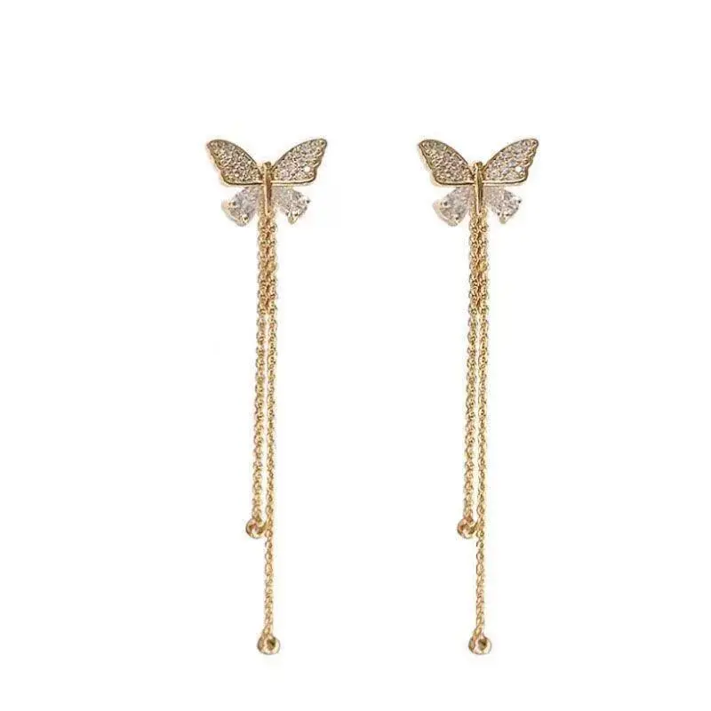 Burst Wholesale Modern Fashion Silver Needle Set Artificial Diamond Earrings Lovely Butterfly Long Lady Earrings 1