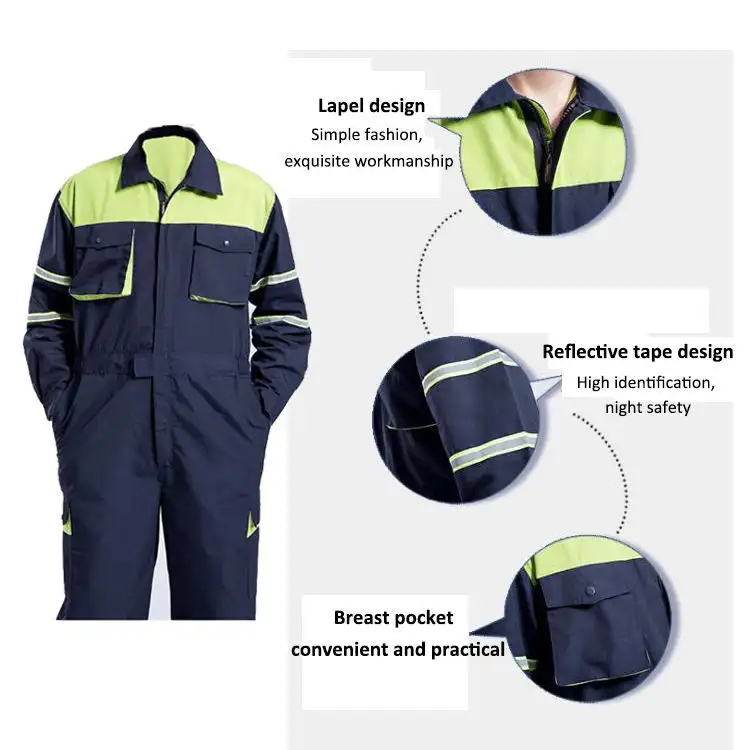 I-High-Visibility Reflective Work Coveralls nge-Collar Design yoKhuseleko lwasebusuku kunye neePokethi ezininzi 1