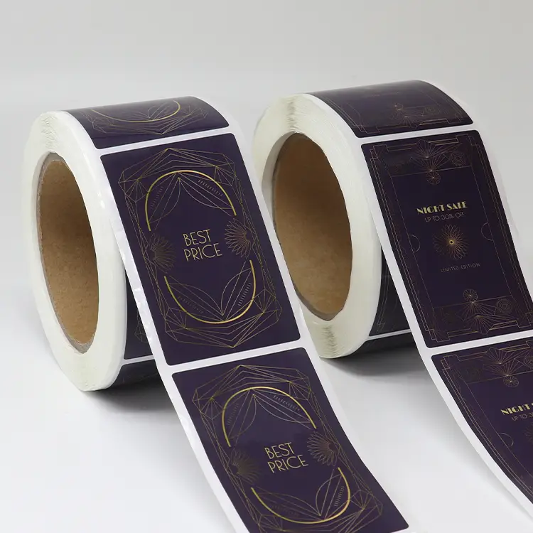 Etichette adesive personalizzate impermeabili con logo, stampa a caldo dorata, colori Pantone, in rotoli. 1