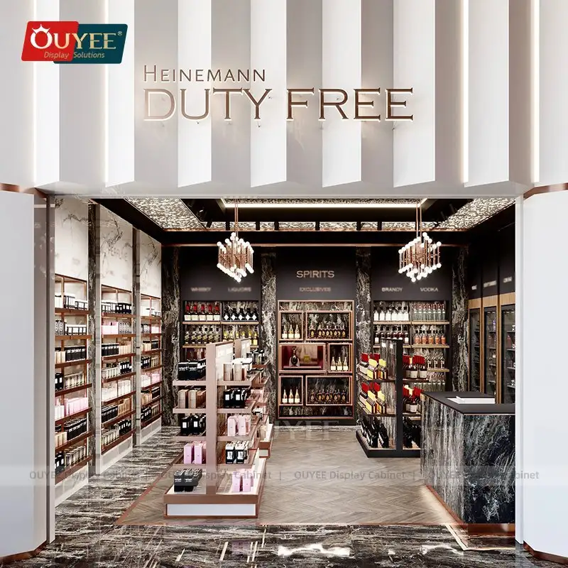 Weinflaschen- und Spirituosen-Präsentationsständer aus Holz für Duty-Free-Shops 1