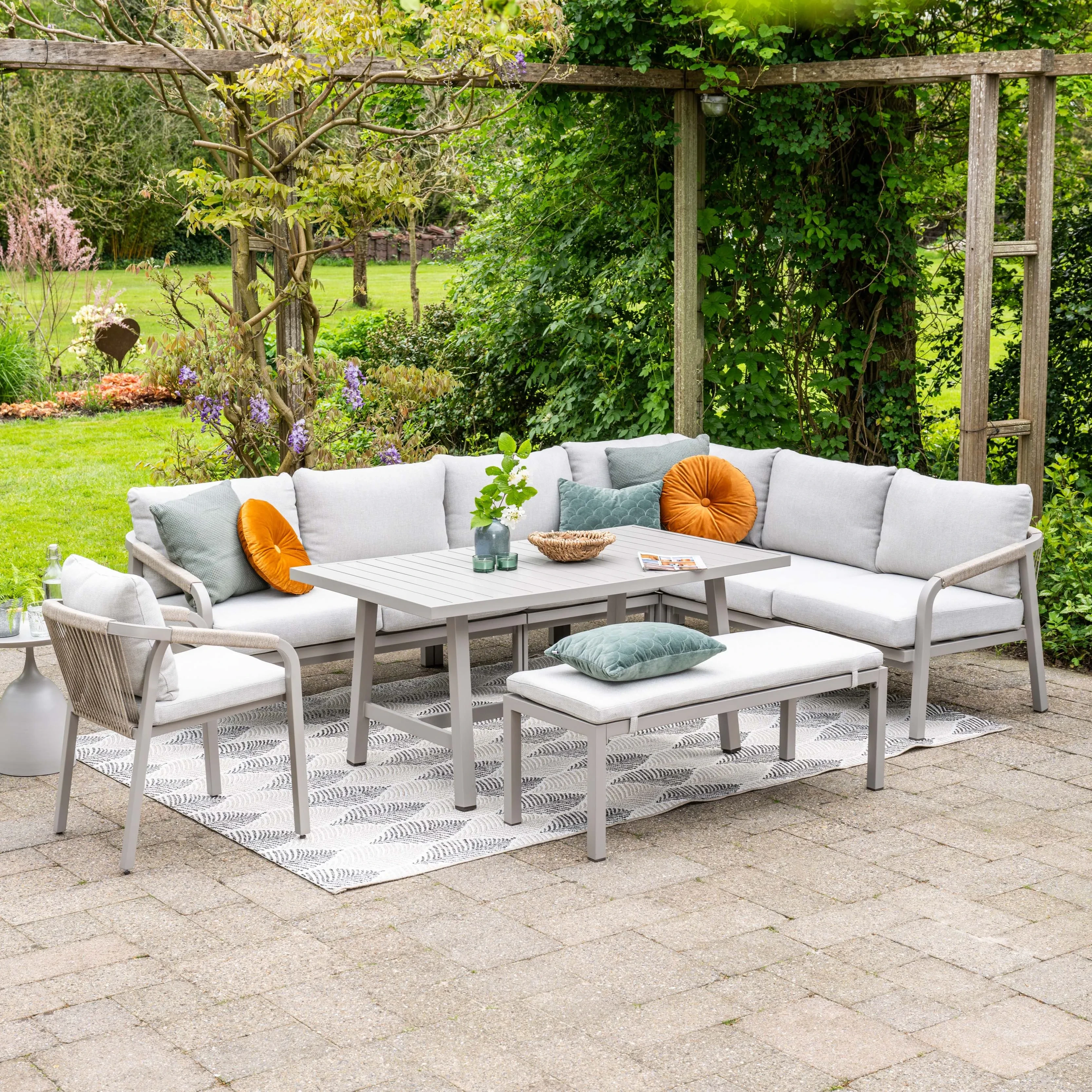 Canapé de jardin avec pouf, mobilier d'hôtel, ensemble de jardin, canapé d'angle extérieur en corde avec table à manger, groupe de sièges pour jardin 1